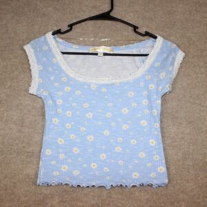 Sugar Moon Blue Daisy Floral Lace Trim Lettuce Hem Ribbed Baby Tee Small